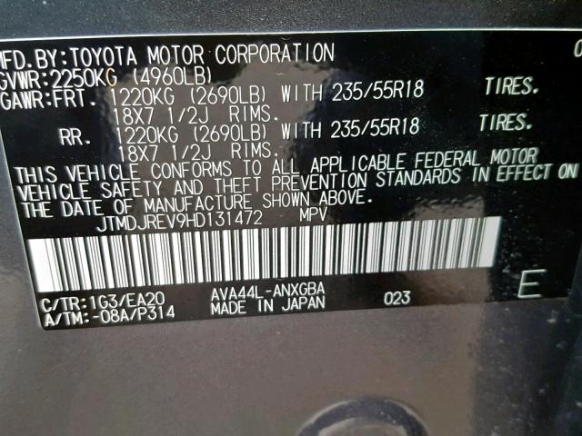 JTMDJREV9HD131472 - 2017 TOYOTA RAV4 HV LI GRAY photo 10