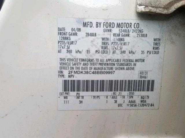 2FMDK38C48BB09997 - 2008 FORD EDGE SEL WHITE photo 10