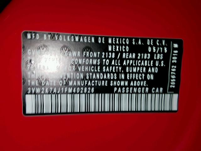 3VW2K7AJ1FM402826 - 2015 VOLKSWAGEN JETTA BASE RED photo 10