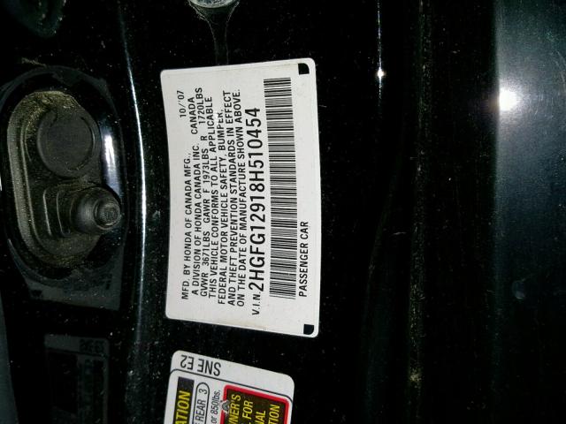 2HGFG12918H510454 - 2008 HONDA CIVIC EXL BLACK photo 10