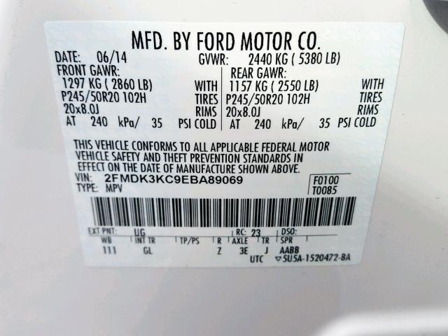 2FMDK3KC9EBA89069 - 2014 FORD EDGE LIMIT WHITE photo 10