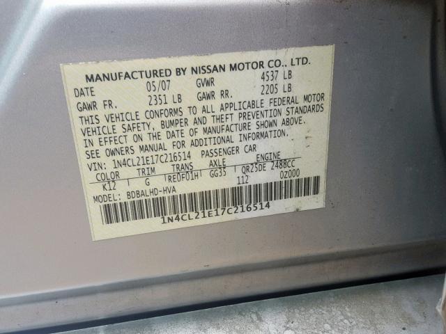 1N4CL21E17C216514 - 2007 NISSAN ALTIMA HYB SILVER photo 10