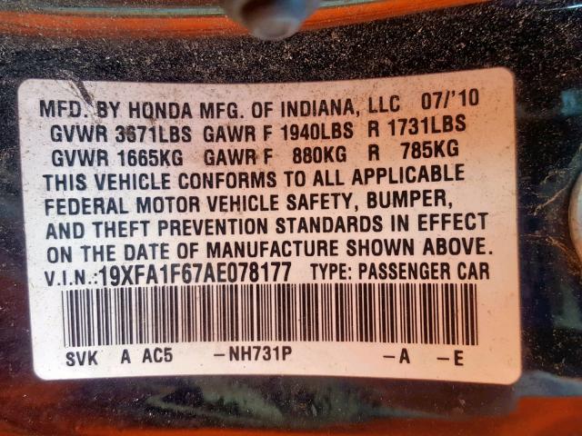 19XFA1F67AE078177 - 2010 HONDA CIVIC LX-S Qara foto 10