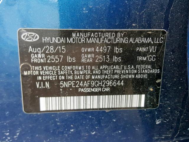 5NPE24AF9GH296644 - 2016 HYUNDAI SONATA SE BLUE photo 10