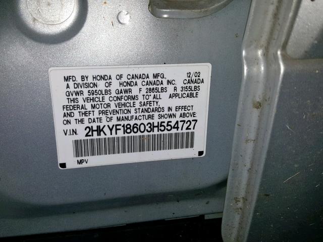 2HKYF18603H554727 - 2003 HONDA PILOT EXL GRAY photo 10