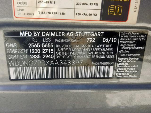 WDDNG7BBXAA348897 - 2010 MERCEDES-BENZ S 550 GRAY photo 10