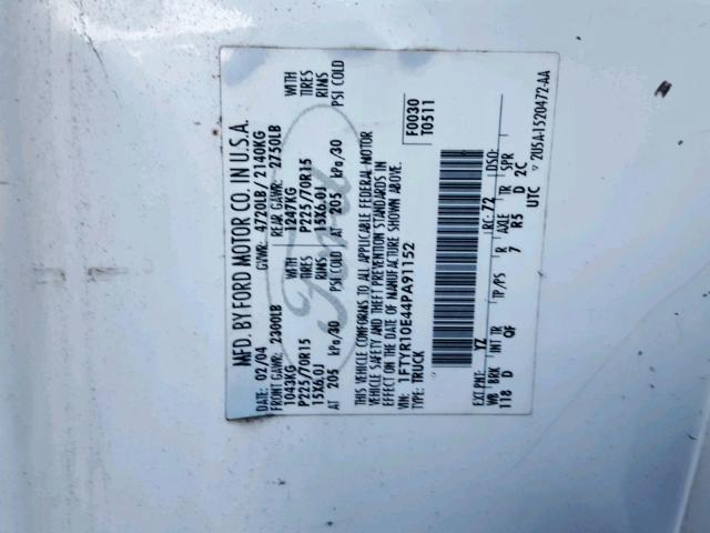 1FTYR10E44PA91152 - 2004 FORD RANGER WHITE photo 10