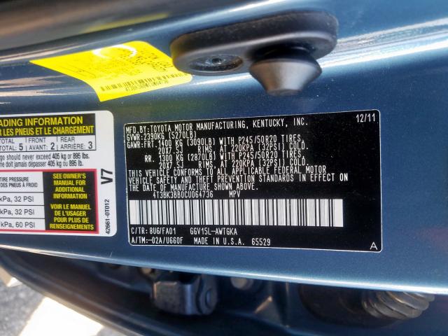 4T3BK3BB0CU064736 - 2012 TOYOTA VENZA LE  photo 10