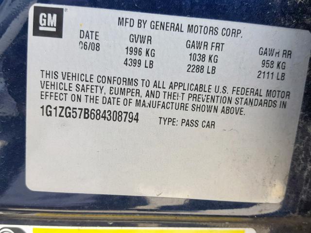 1G1ZG57B684308794 - 2008 CHEVROLET MALIBU LS BLUE photo 10