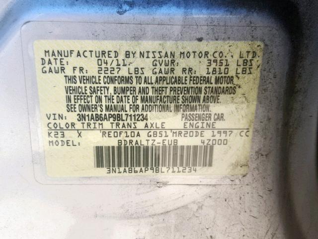 3N1AB6AP9BL711234 - 2011 NISSAN SENTRA 2.0 SILVER photo 10