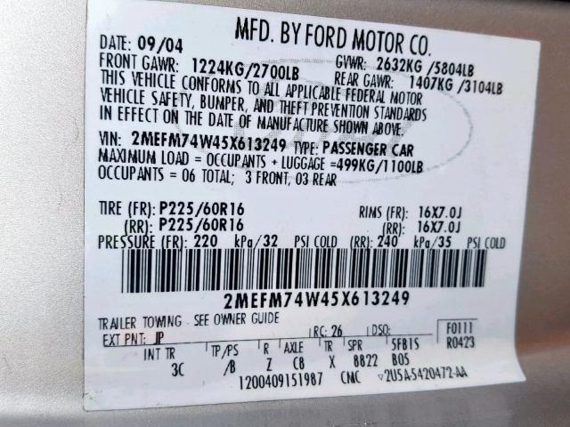 2MEFM74W45X613249 - 2005 MERCURY GRAND MARQ SILVER photo 10