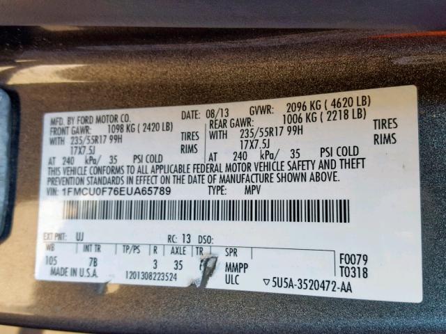 1FMCU0F76EUA65789 - 2014 FORD ESCAPE S GRAY photo 10