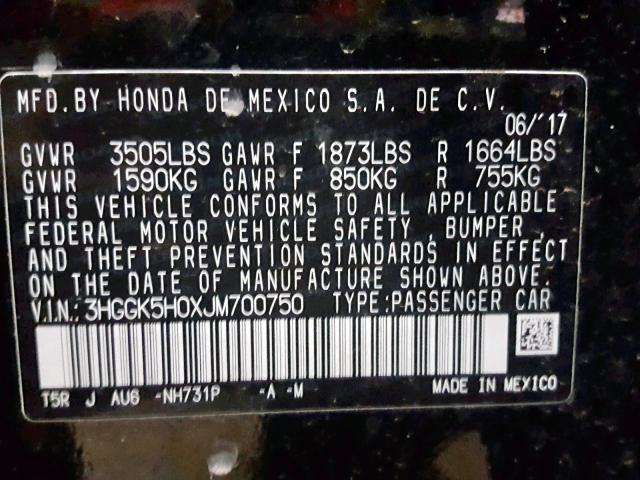 3HGGK5H0XJM700750 - 2018 HONDA FIT EX BLACK photo 10