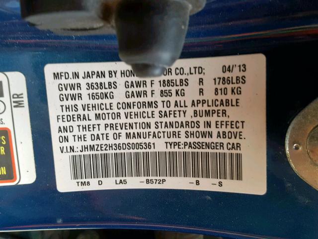 JHMZE2H36DS005361 - 2013 HONDA INSIGHT BLUE photo 10