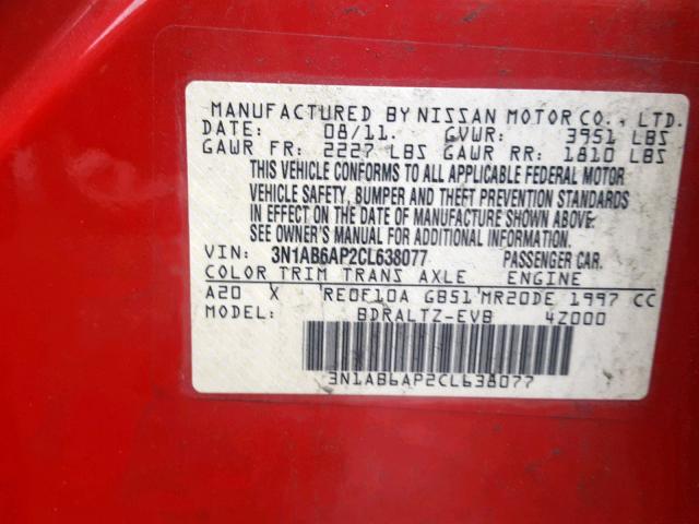 3N1AB6AP2CL638077 - 2012 NISSAN SENTRA 2.0 RED photo 10