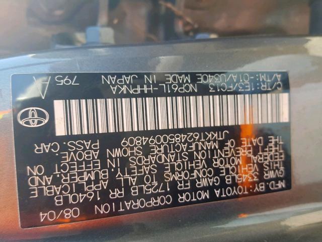 JTKKT624850094809 - 2005 TOYOTA SCION XA GRAY photo 10