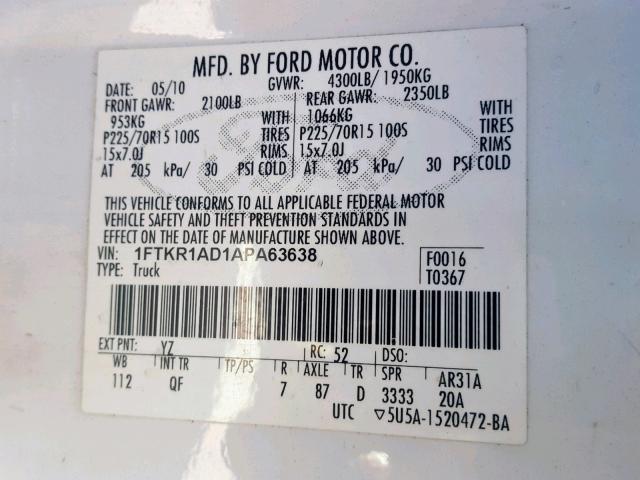 1FTKR1AD1APA63638 - 2010 FORD RANGER WHITE photo 10