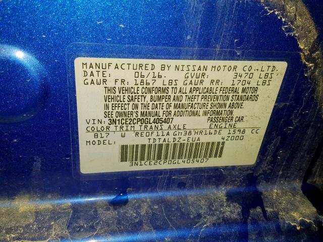 3N1CE2CP0GL405407 - 2016 NISSAN VERSA NOTE BLUE photo 10