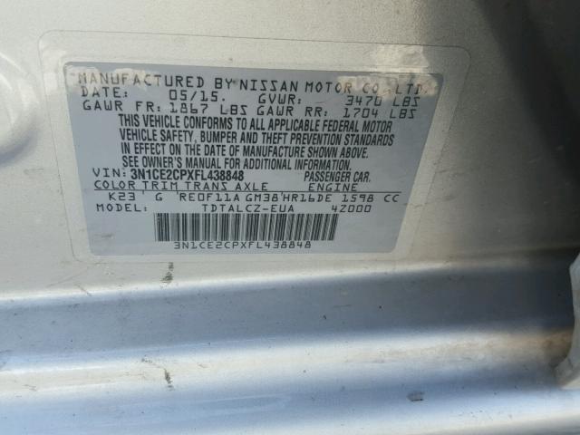 3N1CE2CPXFL438848 - 2015 NISSAN VERSA NOTE SILVER photo 10