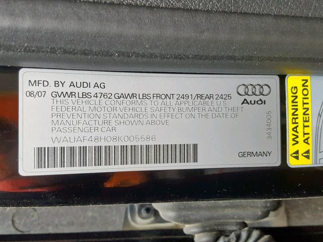 WAUAF48H08K005586 - 2008 AUDI A4 2.0T CA BLACK photo 10