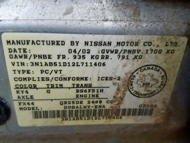 3N1AB51D12L711406 - 2002 NISSAN SENTRA SE- SILVER photo 10