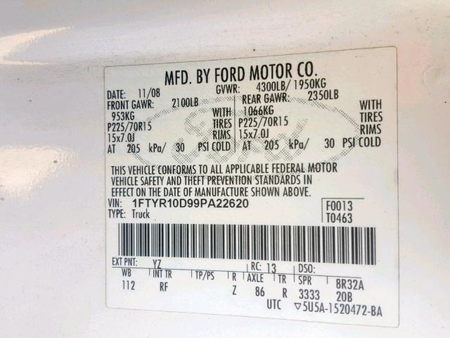 1FTYR10D99PA22620 - 2009 FORD RANGER WHITE photo 10