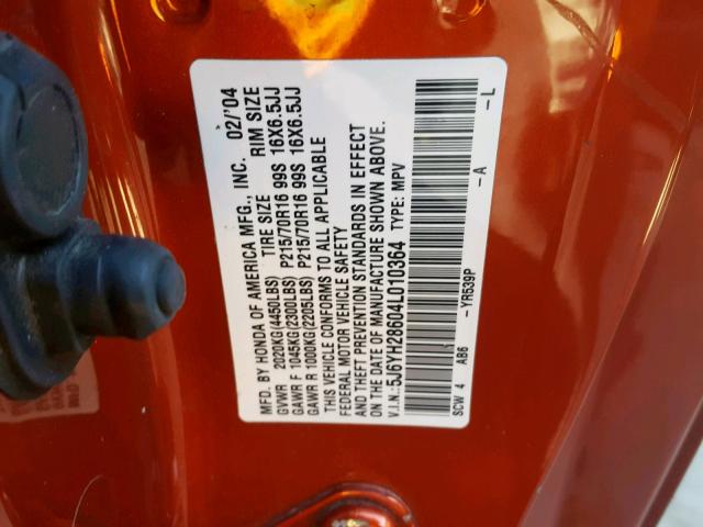 5J6YH28604L010364 - 2004 HONDA ELEMENT EX ORANGE photo 10