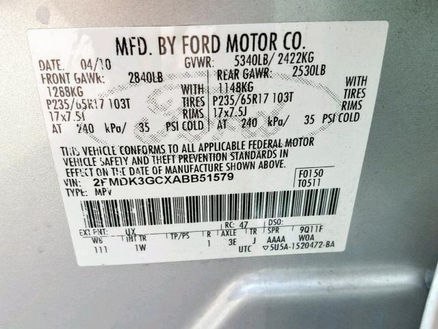 2FMDK3GCXABB51579 - 2010 FORD EDGE SE SILVER photo 10