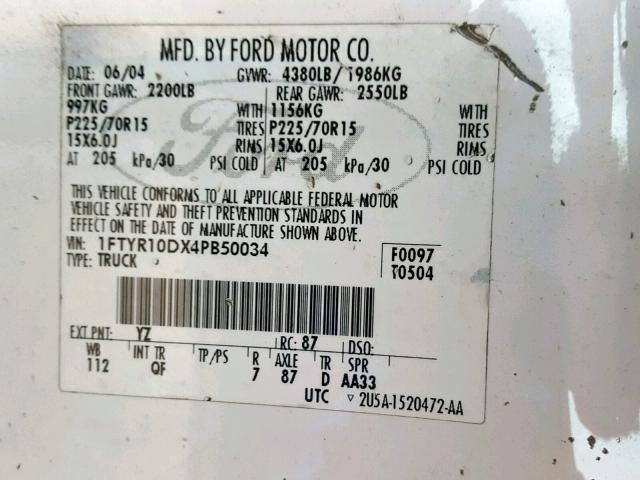 1FTYR10DX4PB50034 - 2004 FORD RANGER WHITE photo 10