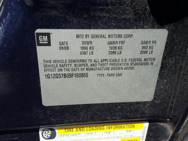 1G1ZG57B09F160860 - 2009 CHEVROLET MALIBU LS 蓝色 照片 10