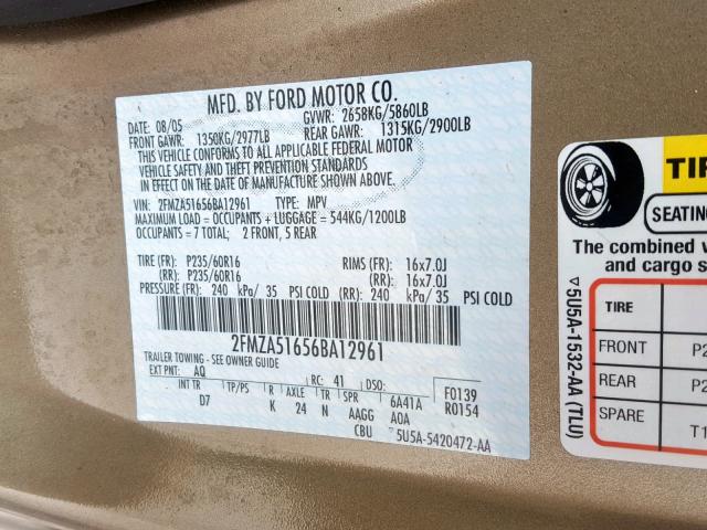 2FMZA51656BA12961 - 2006 FORD FREESTAR S BROWN photo 10