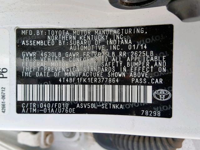 4T4BF1FK1ER377864 - 2014 TOYOTA CAMRY L 白色 照片 10