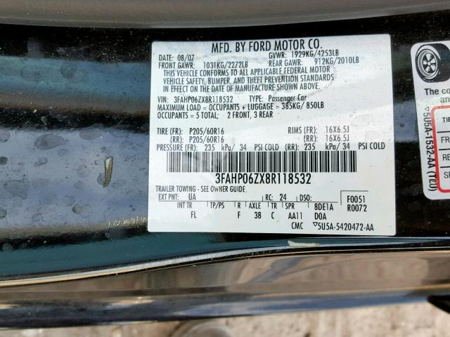 3FAHP06ZX8R118532 - 2008 FORD FUSION S BLACK photo 10