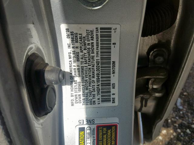 1HGFA16949L002401 - 2009 HONDA CIVIC EXL SILVER photo 10