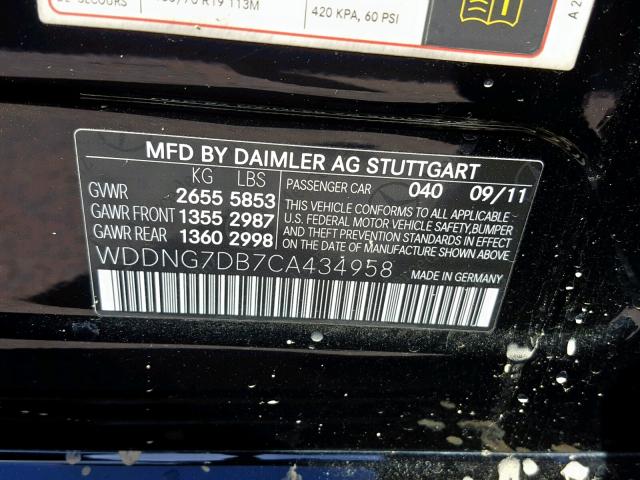 WDDNG7DB7CA434958 - 2012 MERCEDES-BENZ S 550 BLACK photo 10