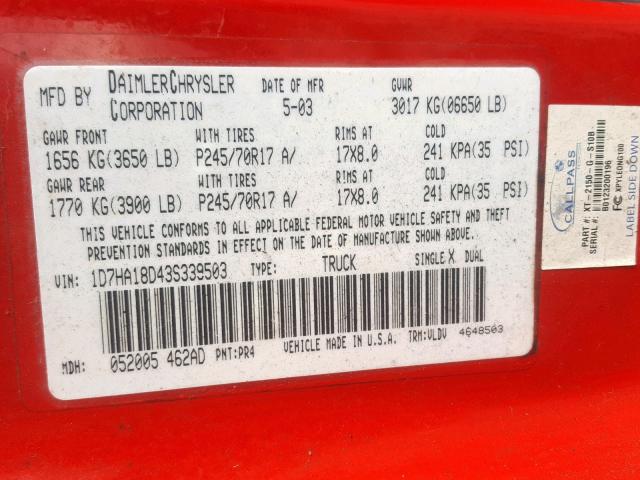 1D7HA18D43S339503 - 2003 DODGE RAM 1500 S RED photo 10