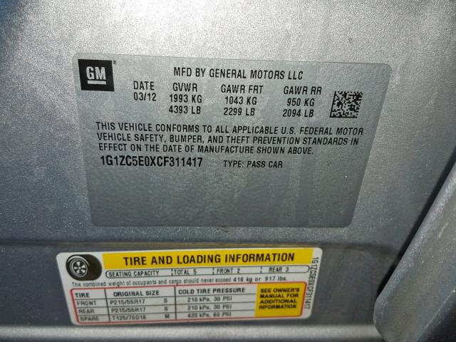 1G1ZC5E0XCF311417 - 2012 CHEVROLET MALIBU 1LT 银色 照片 10