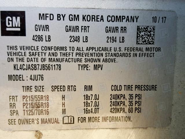 KL4CJASB7JB561178 - 2018 BUICK ENCORE PRE SILVER photo 10