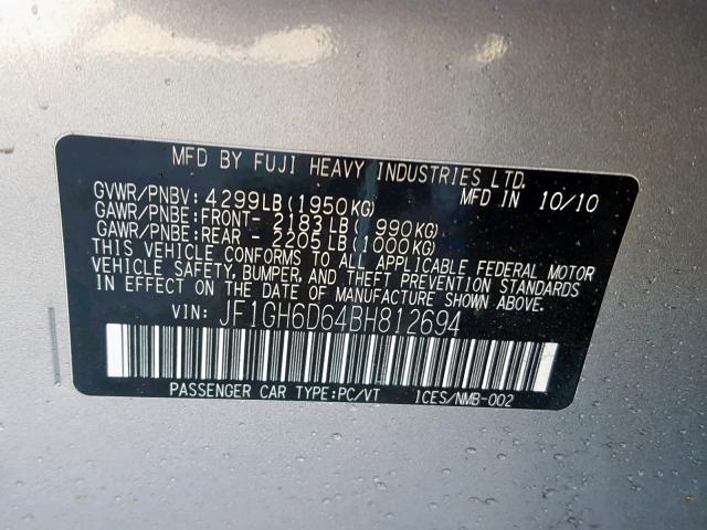 JF1GH6D64BH812694 - 2011 SUBARU IMPREZA OU SILVER photo 10