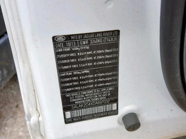 SALAK2D4XDA697032 - 2013 LAND ROVER LR4 HSE LU WHITE photo 10