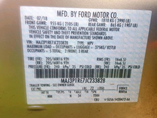 MAJ3P1RE7JC233828 - 2018 FORD ECOSPORT S SILVER photo 10