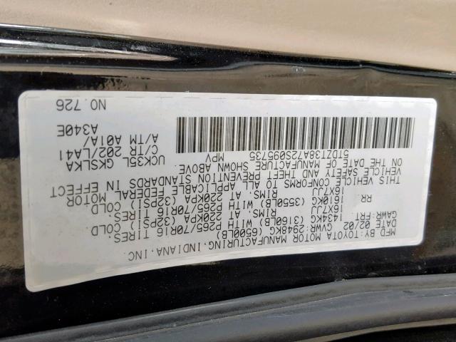 5TDZT38A72S095735 - 2002 TOYOTA SEQUOIA LI BLACK photo 10