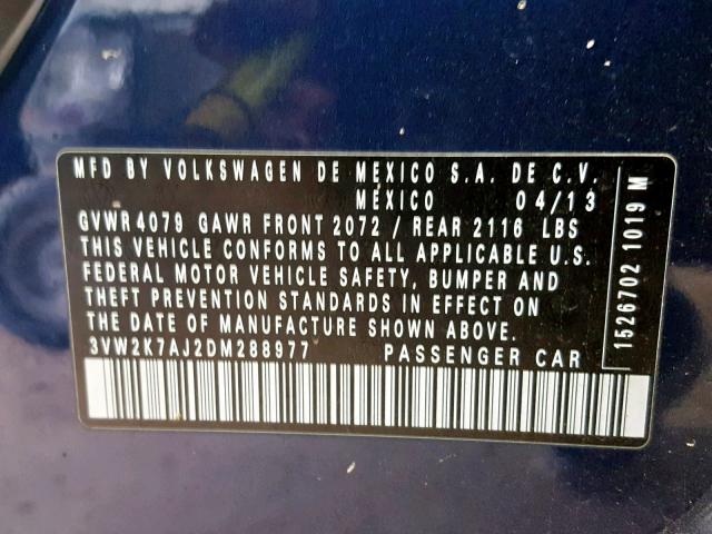 3VW2K7AJ2DM288977 - 2013 VOLKSWAGEN JETTA BASE BLUE photo 10