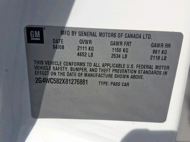 2G4WC582X81276881 - 2008 BUICK LACROSSE C WHITE photo 10