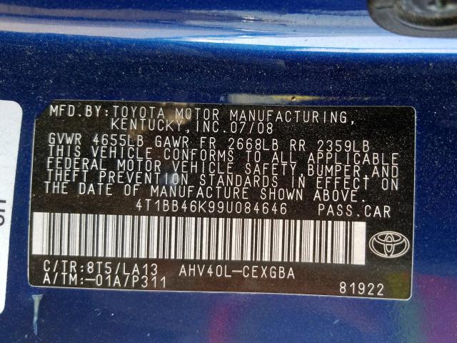 4T1BB46K99U084646 - 2009 TOYOTA CAMRY HYBRID  photo 10