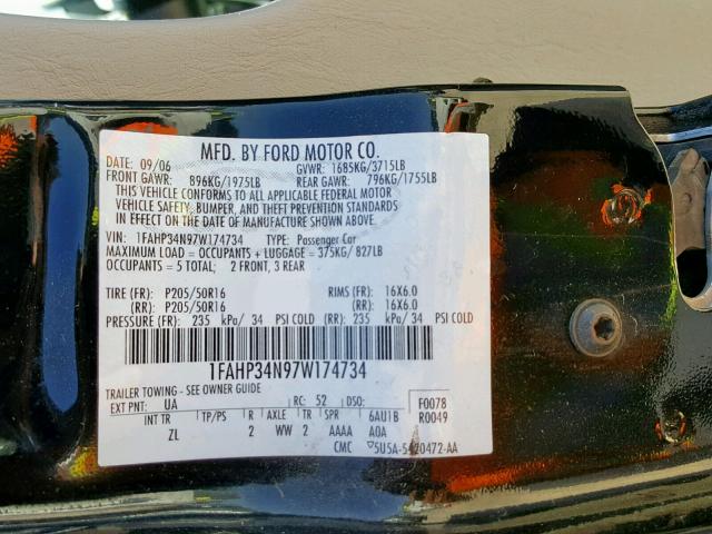 1FAHP34N97W174734 - 2007 FORD FOCUS ZX4 BLACK photo 10