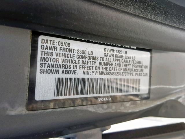 YV1MW382462231370 - 2006 VOLVO V50 2.4I GRAY photo 10