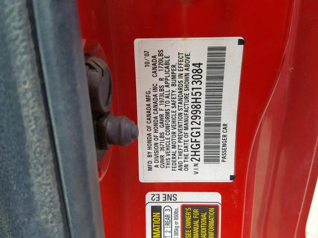 2HGFG12998H513084 - 2008 HONDA CIVIC EXL RED photo 10