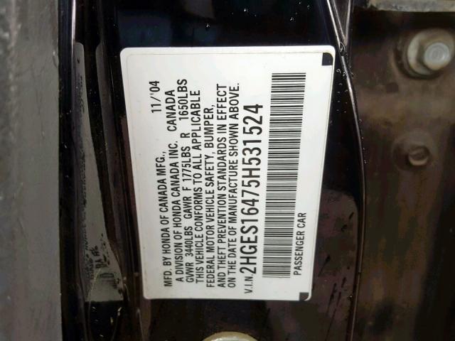 2HGES16475H531524 - 2005 HONDA CIVIC DX BLACK photo 10