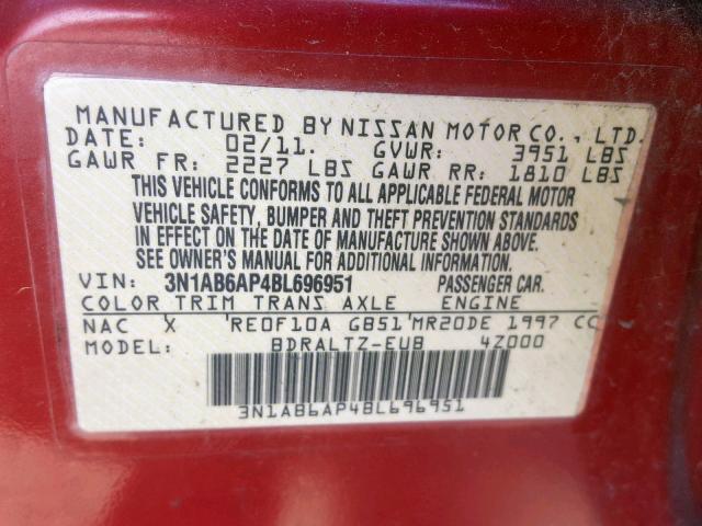 3N1AB6AP4BL696951 - 2011 NISSAN SENTRA 2.0 RED photo 10